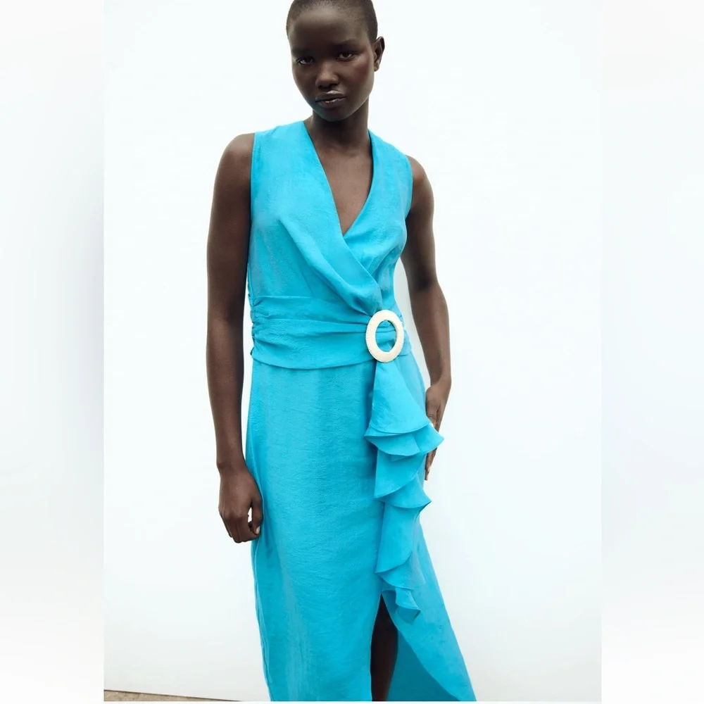 Zara NWT Turquoise Ruffled Midi Dress with Belt size L